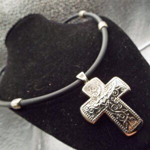 BRIGHTON INCISED 3-D SILVERY CROSS ON BLACK RUBBER TUBE NECKLACE 3A